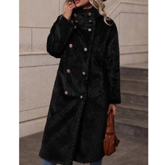 Black Faux fur teddy double breasted Coat Jacket - Picture 12 of 12